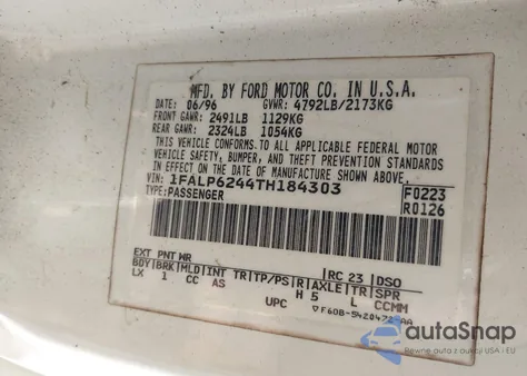 1996 Ford Thunderbird Lx z USA, uszkodzony, nr VIN 1FALP6244TH184303